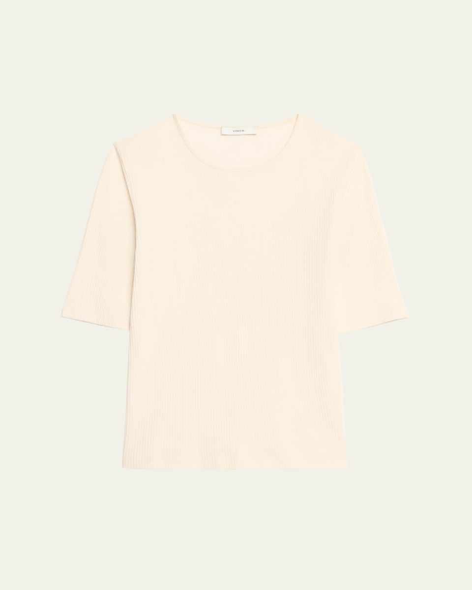 Ribbed Elbow-Sleeve Crewneck Top